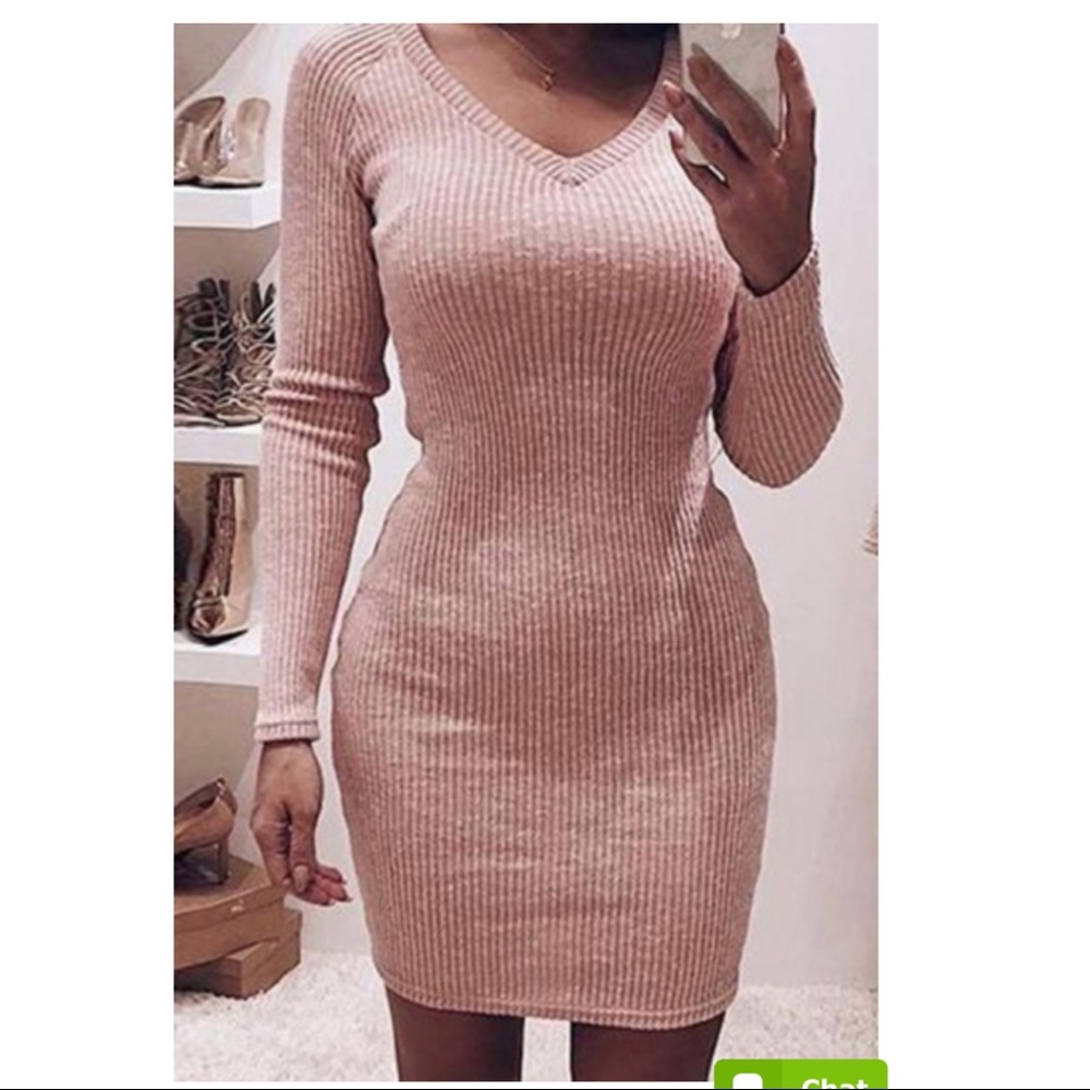 Say What? Pink Long Sleeve V-Neck Plain Knit Mini Dress 3X